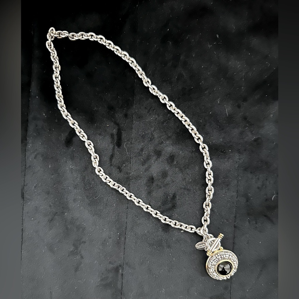 White House Black Market necklace silver tone, gold accent, black pendant